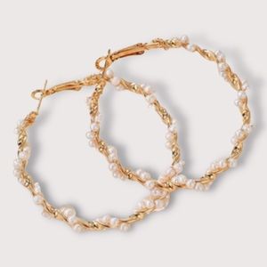 Chic Faux Pearl Beaded Twist Hoop Gold Earrings